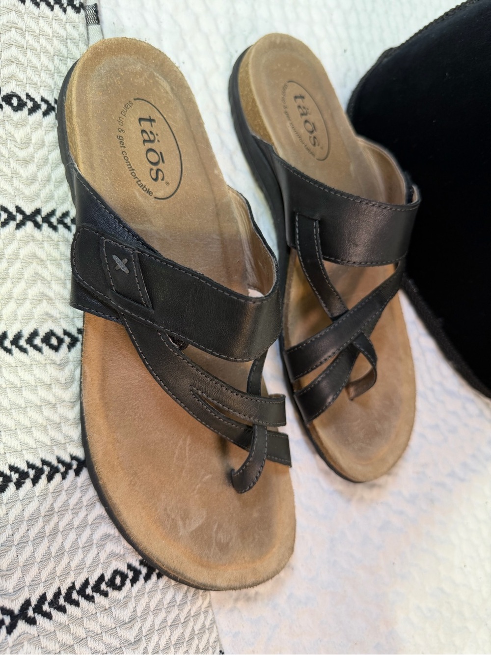 Taos Footwear Black Leather Strappy Slide Sandals